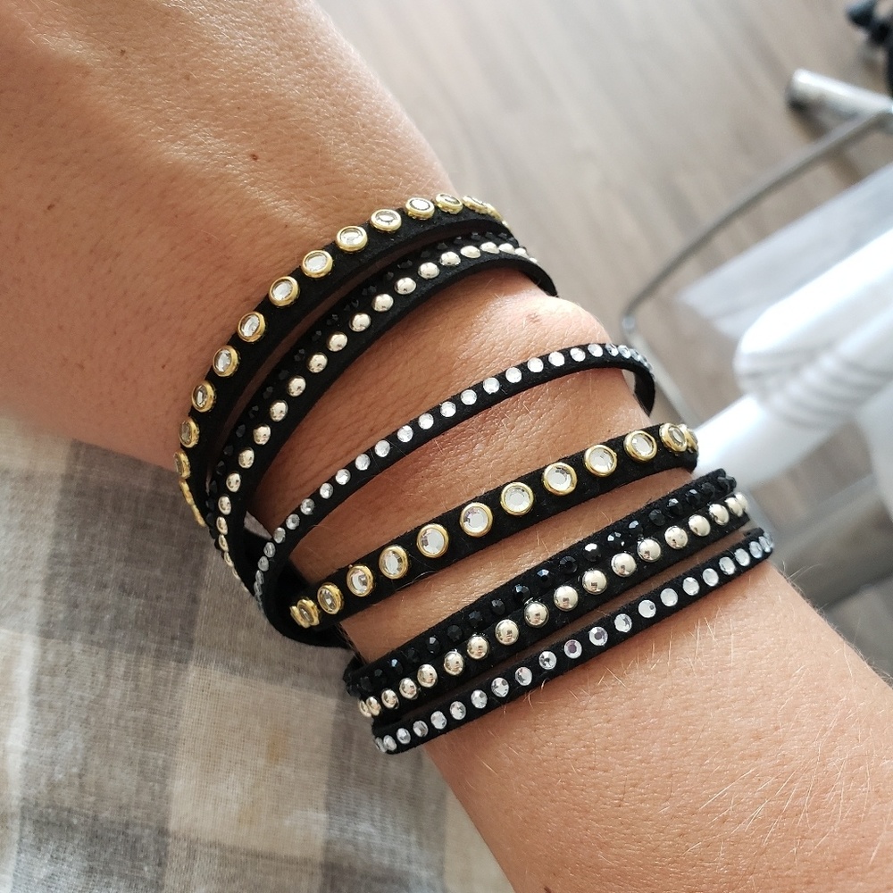 Black leather and crystals wrap bracelet